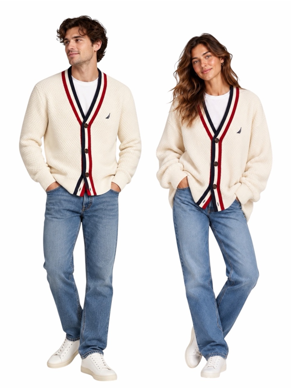Nautica Men’s Cricket Textured Cardigan Large Cream Red Navy 100% Cotton